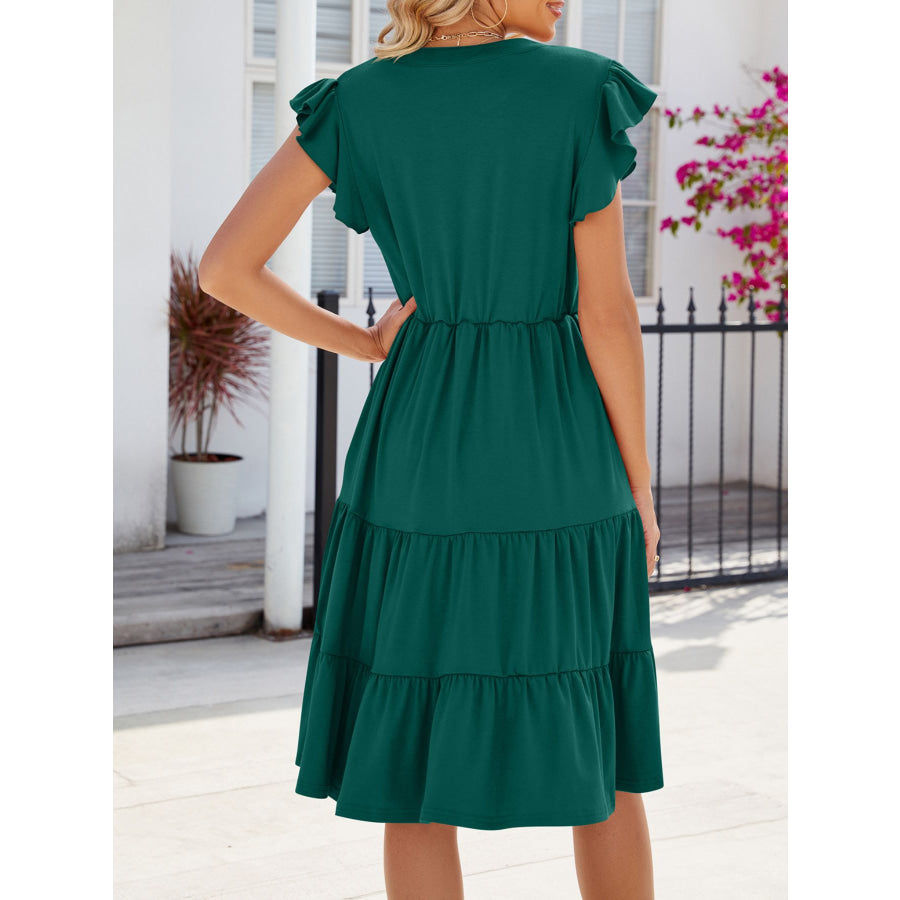 Ruffled Notched Tiered Midi Dress Apparel and Accessories