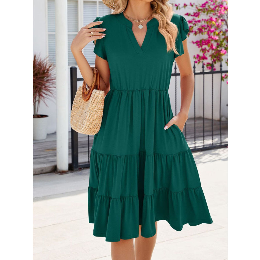 Ruffled Notched Tiered Midi Dress Apparel and Accessories