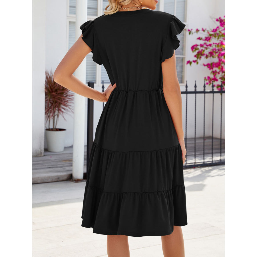 Ruffled Notched Tiered Midi Dress Apparel and Accessories