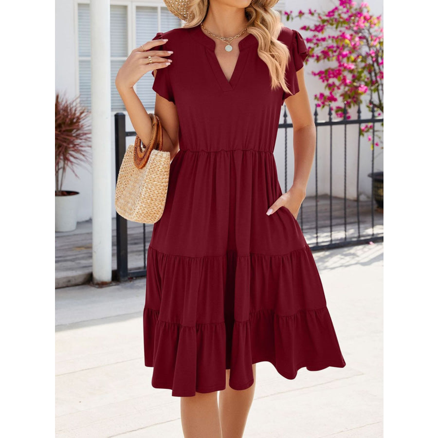 Ruffled Notched Tiered Midi Dress Apparel and Accessories