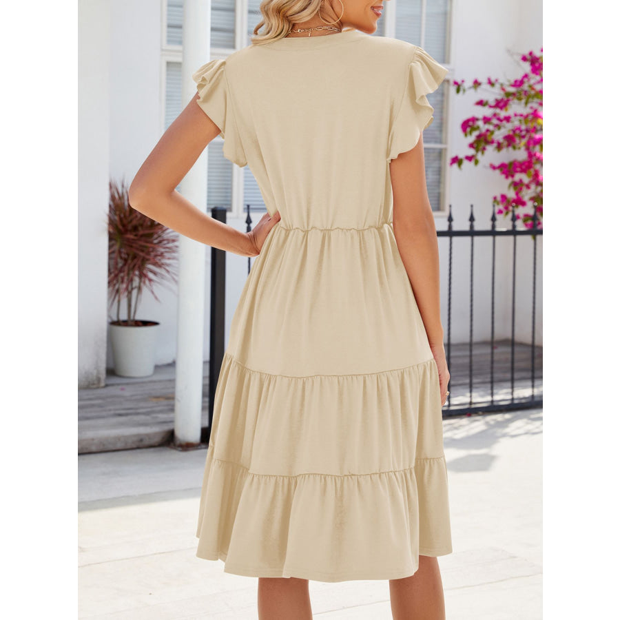 Ruffled Notched Tiered Midi Dress Apparel and Accessories