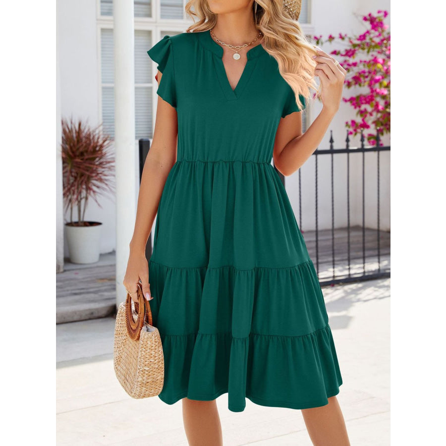 Ruffled Notched Tiered Midi Dress Apparel and Accessories