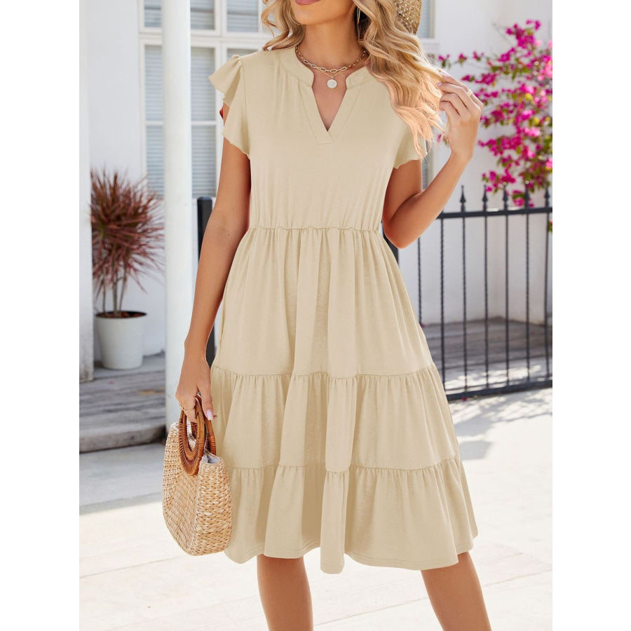 Ruffled Notched Tiered Midi Dress Apparel and Accessories