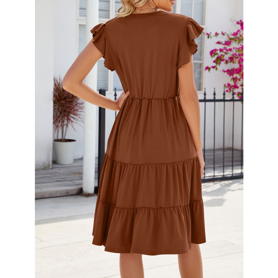 Ruffled Notched Tiered Midi Dress Apparel and Accessories