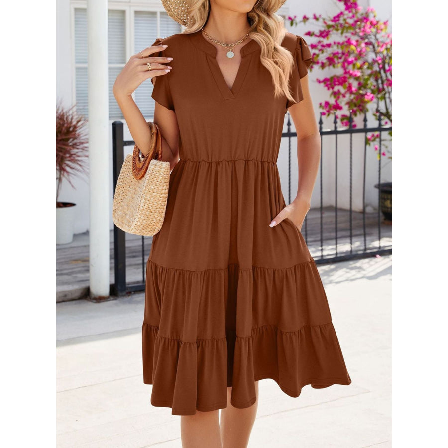 Ruffled Notched Tiered Midi Dress Apparel and Accessories