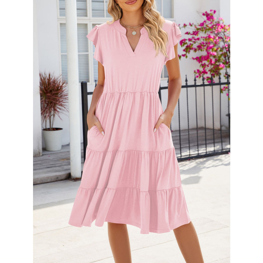 Ruffled Notched Tiered Midi Dress Apparel and Accessories