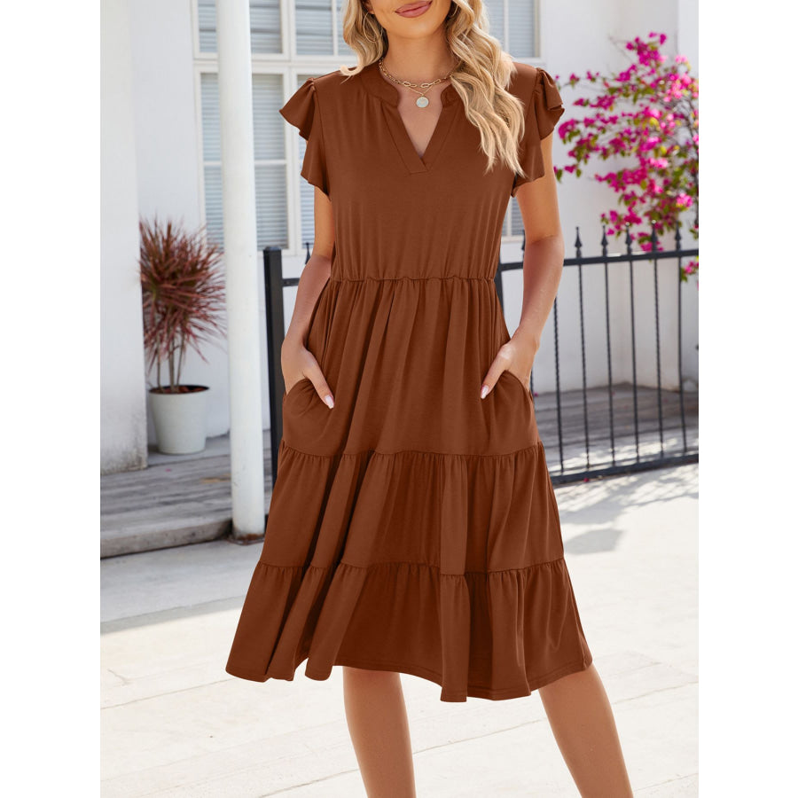 Ruffled Notched Tiered Midi Dress Apparel and Accessories