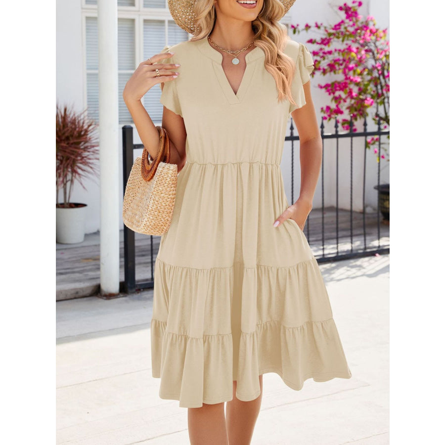 Ruffled Notched Tiered Midi Dress Apparel and Accessories