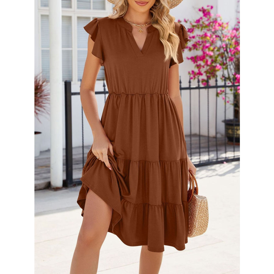 Ruffled Notched Tiered Midi Dress Brown / S Apparel and Accessories