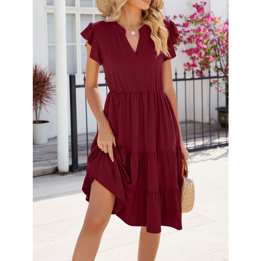 Ruffled Notched Tiered Midi Dress Burgundy / S Apparel and Accessories