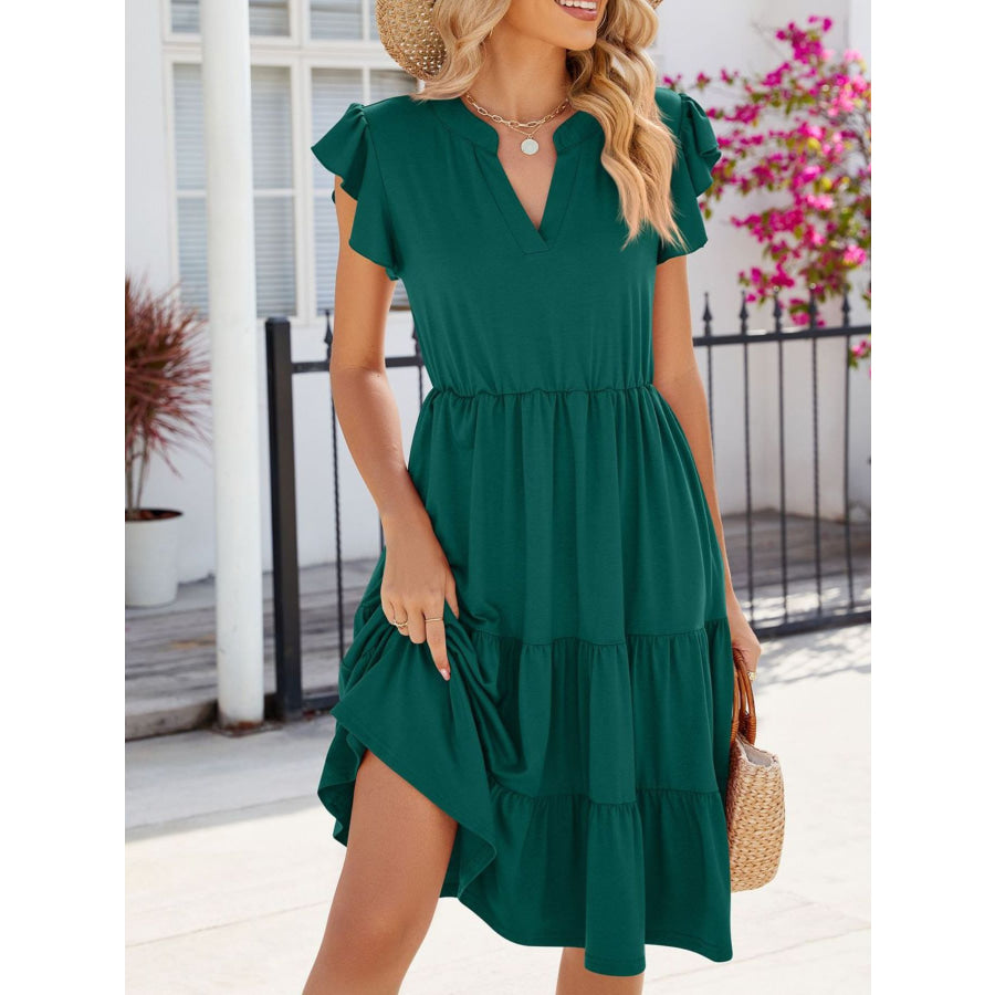 Ruffled Notched Tiered Midi Dress Dark Green / S Apparel and Accessories