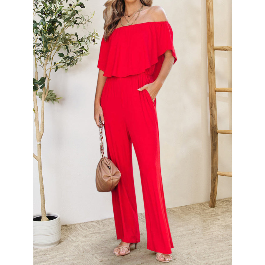 Ruffled Off - Shoulder Jumpsuit Apparel and Accessories