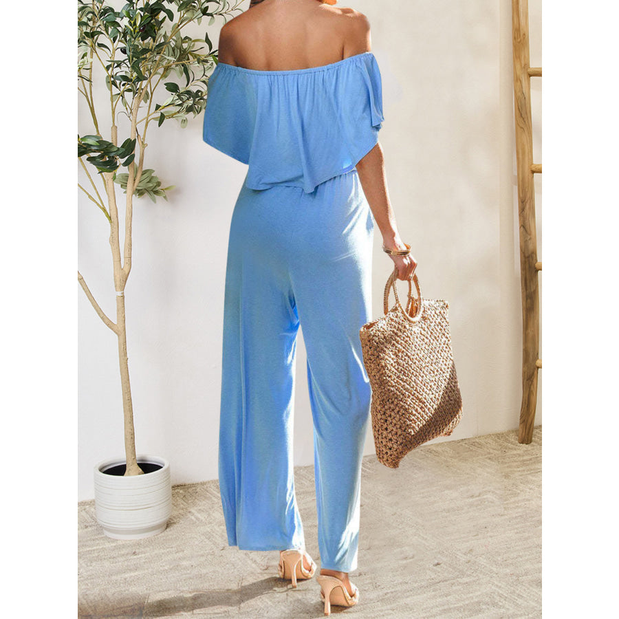 Ruffled Off - Shoulder Jumpsuit Misty Blue / S Apparel and Accessories