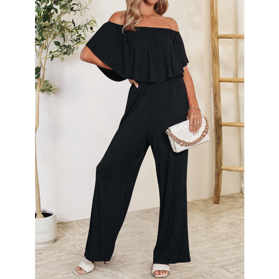 Ruffled Off - Shoulder Jumpsuit Black / S Apparel and Accessories