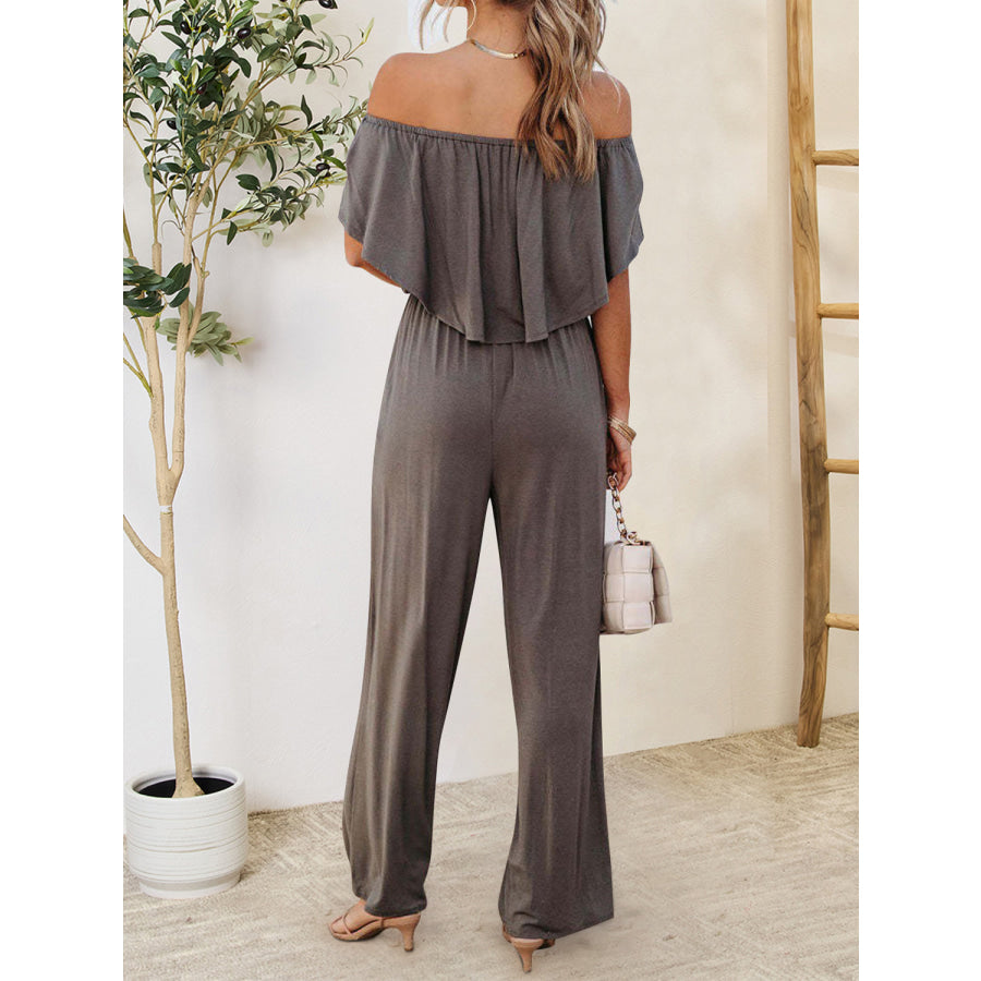 Ruffled Off - Shoulder Jumpsuit Charcoal / S Apparel and Accessories