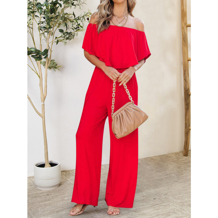 Ruffled Off - Shoulder Jumpsuit Red / S Apparel and Accessories