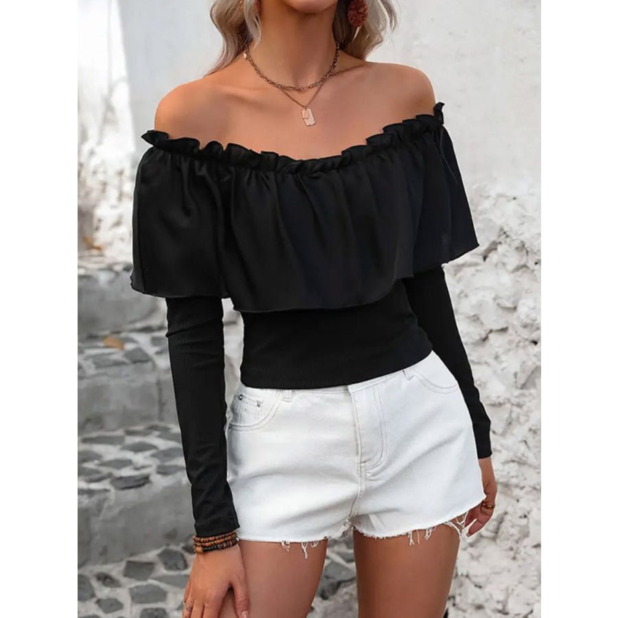 Ruffled Off-Shoulder Long Sleeve Blouse Black / S Apparel and Accessories