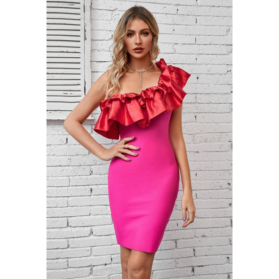 Ruffled One-Shoulder Bodycon Dress Hot Pink / S