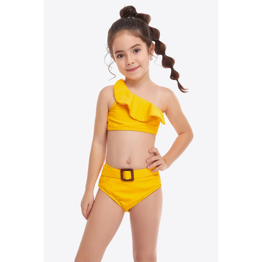 Ruffled One-Shoulder Buckle Detail Two-Piece Swim Set Banana Yellow / 4T