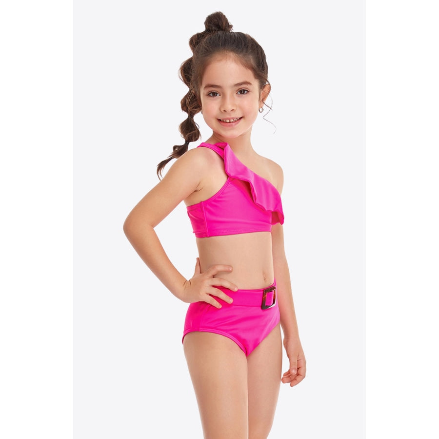 Ruffled One-Shoulder Buckle Detail Two-Piece Swim Set Hot Pink / 4T