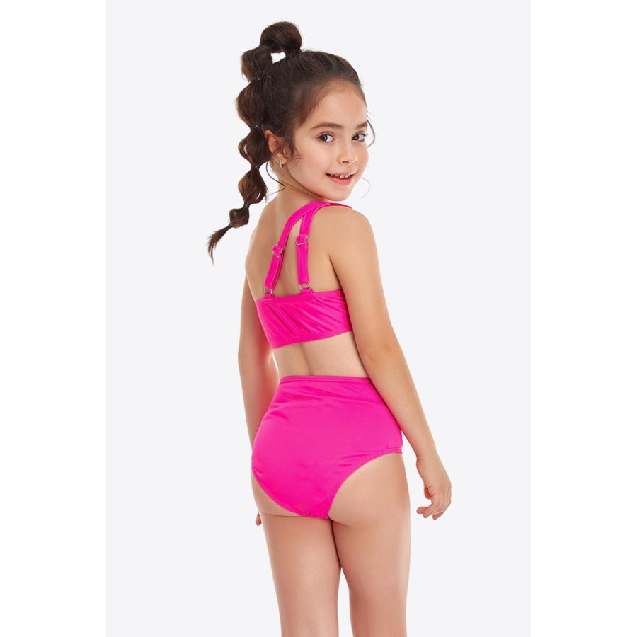 Ruffled One-Shoulder Buckle Detail Two-Piece Swim Set Hot Pink / 4T