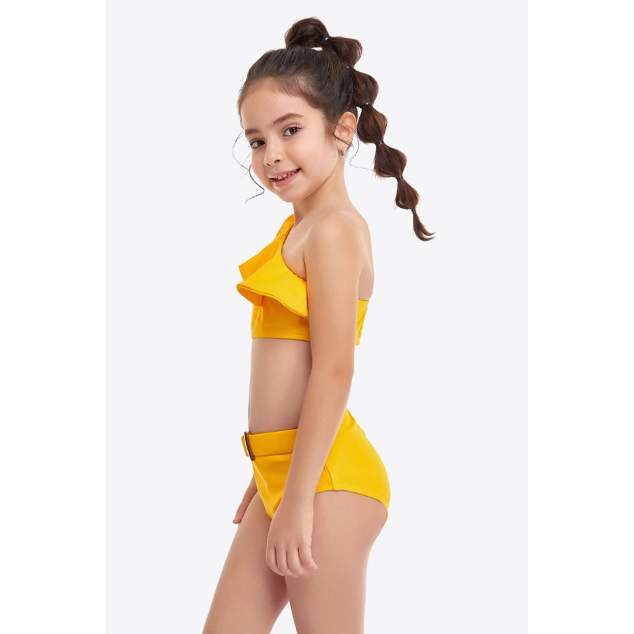 Ruffled One-Shoulder Buckle Detail Two-Piece Swim Set