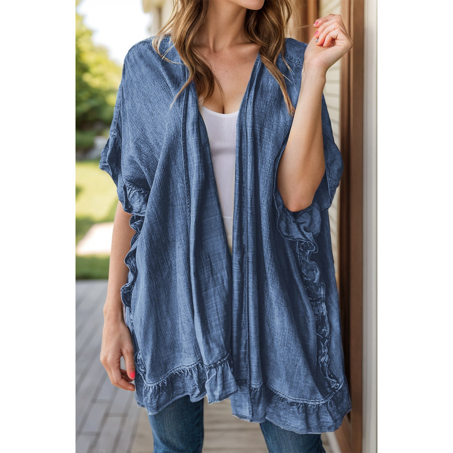 Ruffled Open Front Denim Top French Blue / S Apparel and Accessories