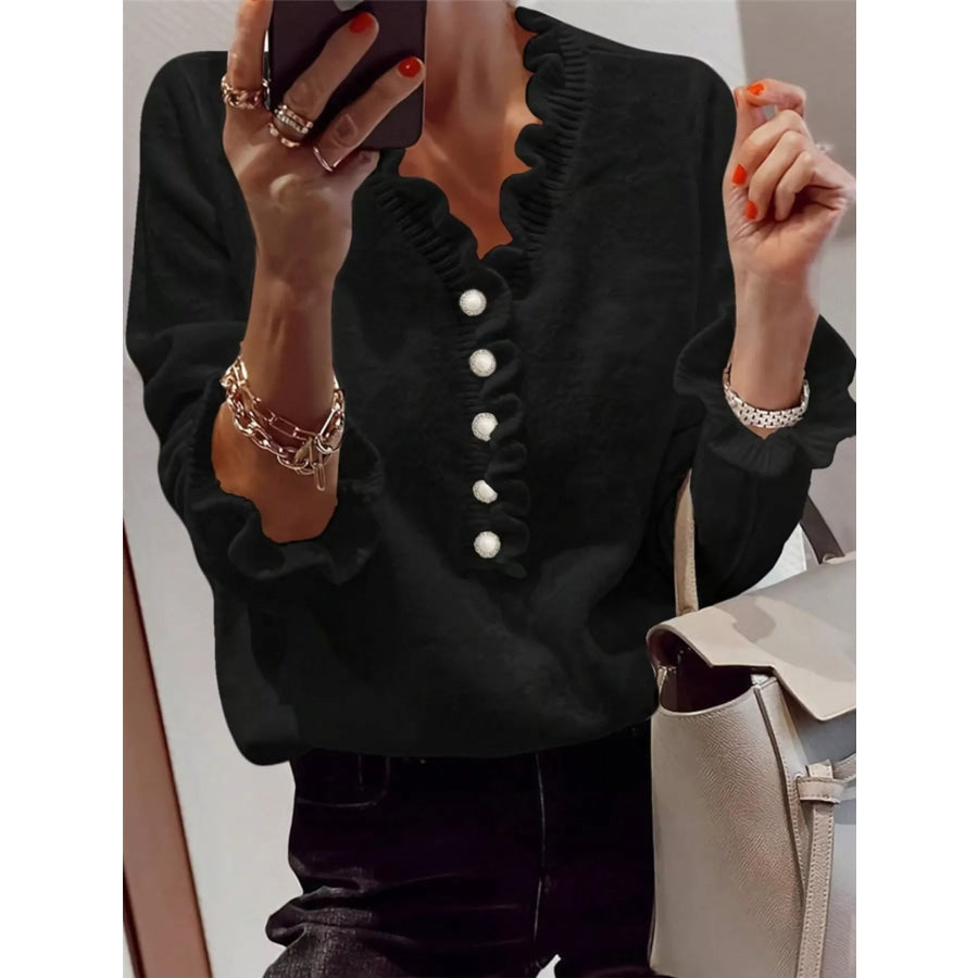 Ruffled Pearl Button Sweater Black / S Apparel and Accessories
