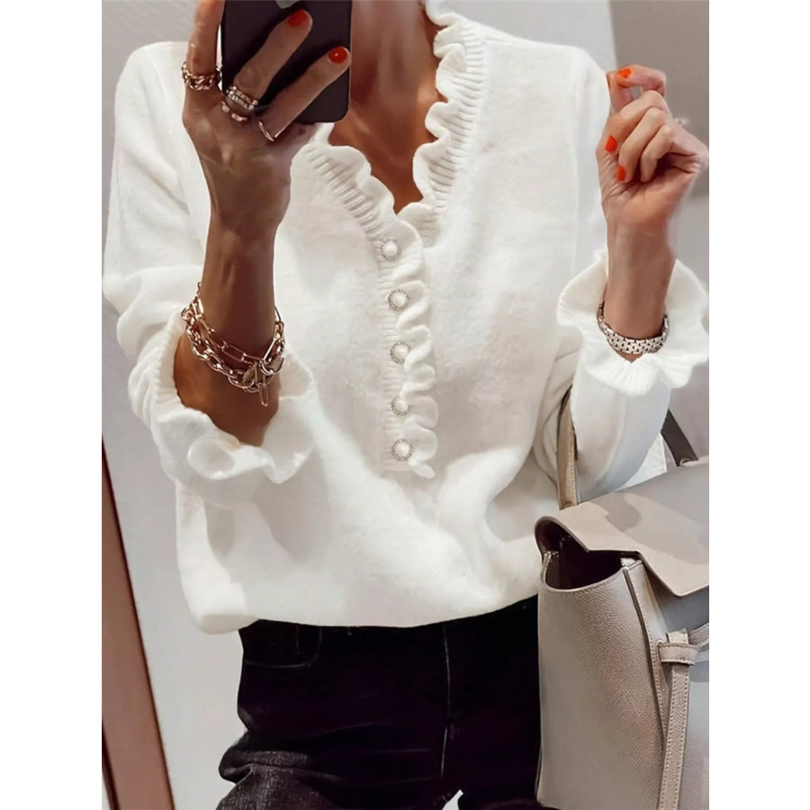 Ruffled Pearl Button Sweater White / S Apparel and Accessories