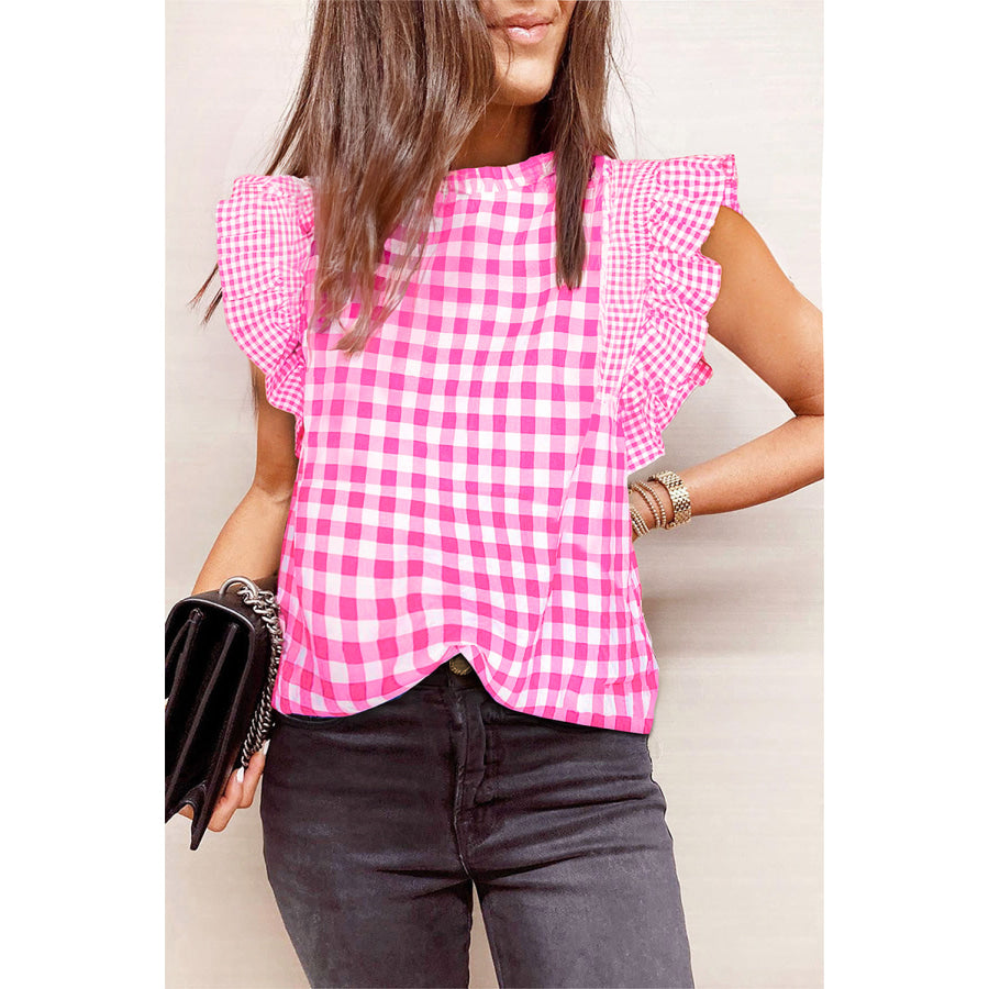 Ruffled Plaid Mock Neck Cap Sleeve Blouse Apparel and Accessories