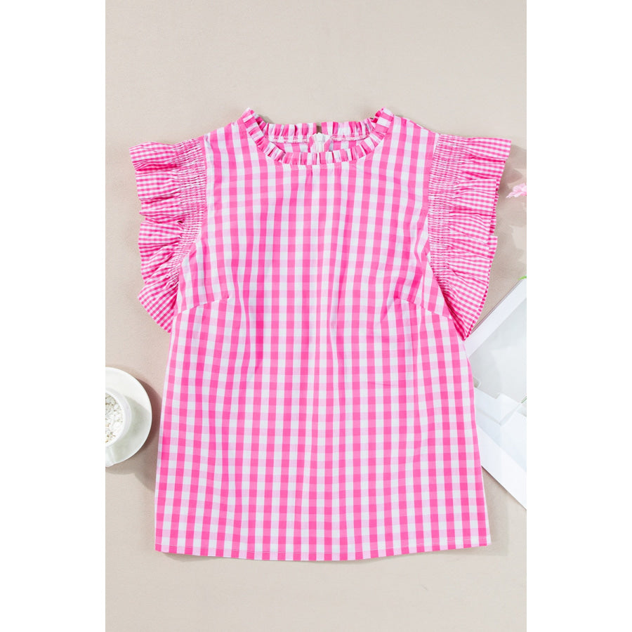 Ruffled Plaid Mock Neck Cap Sleeve Blouse Apparel and Accessories