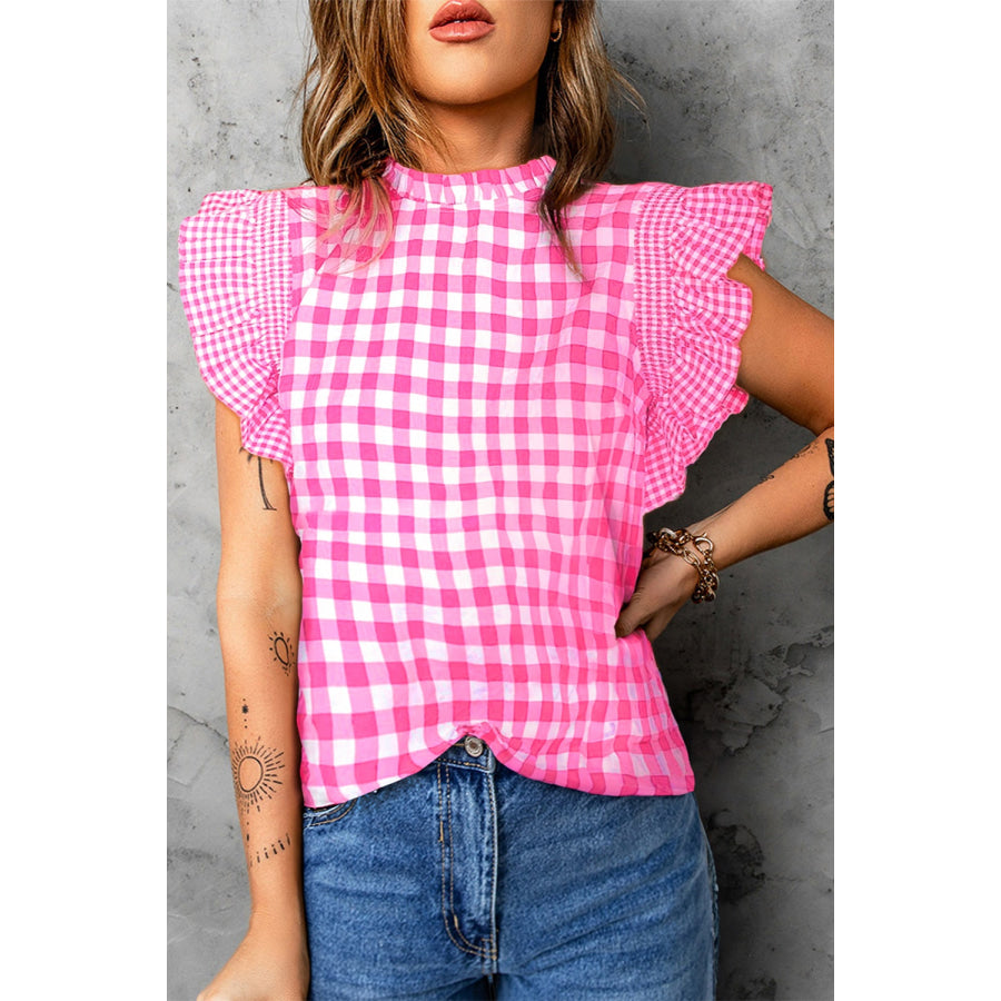 Ruffled Plaid Mock Neck Cap Sleeve Blouse Fuchsia Pink / S Apparel and Accessories