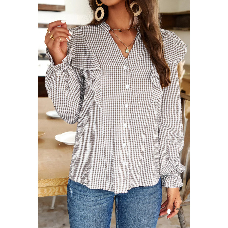 Ruffled Plaid Notched Flounce Sleeve Shirt Apparel and Accessories