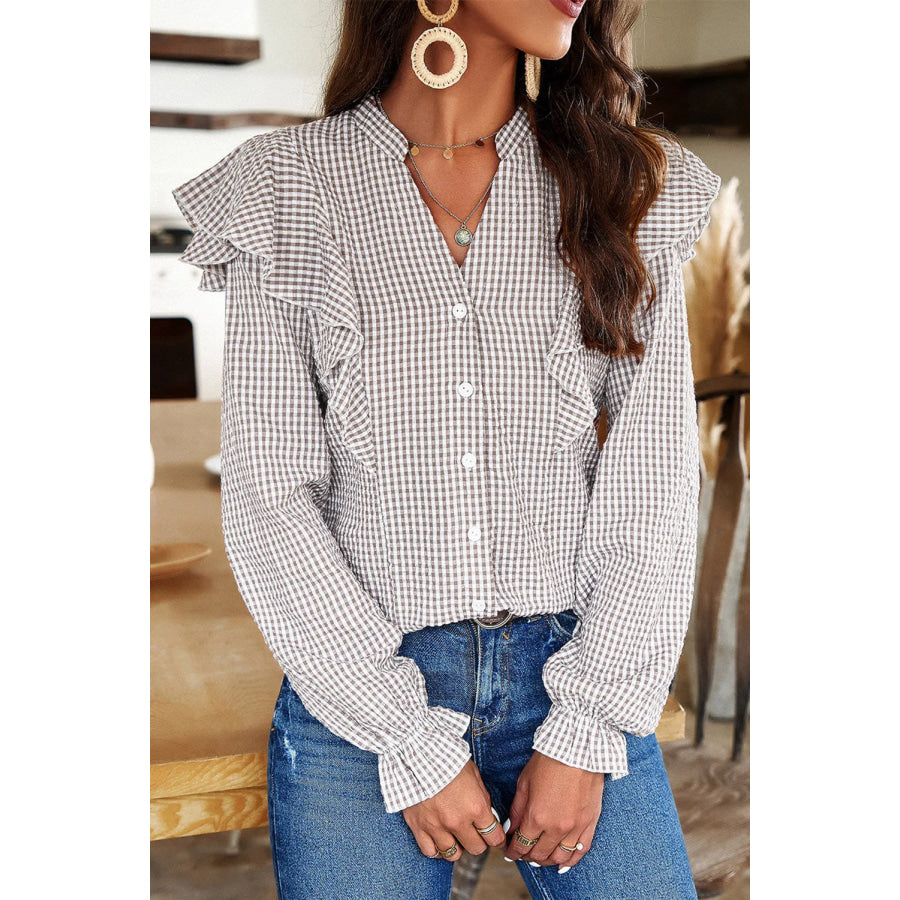 Ruffled Plaid Notched Flounce Sleeve Shirt Dark Gray / S Apparel and Accessories