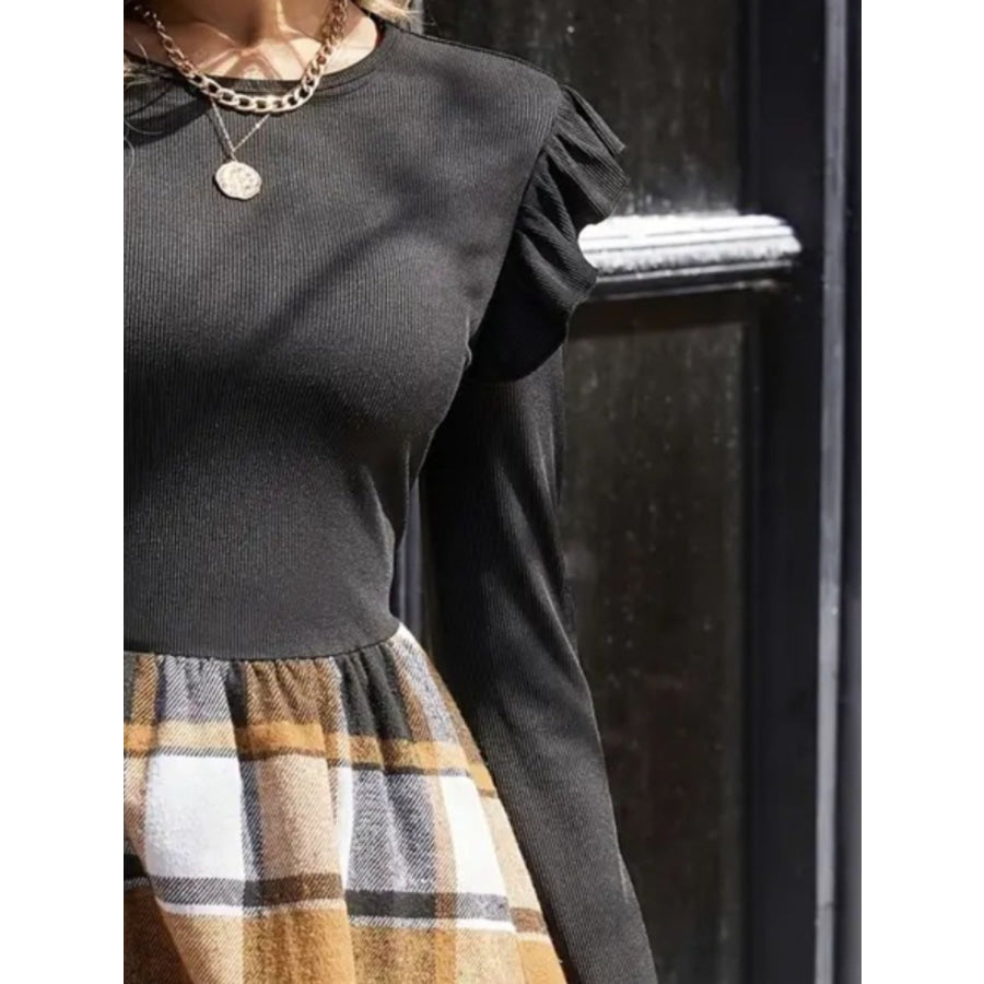 Ruffled Plaid Round Neck Long Sleeve Mini Dress Black / S Apparel and Accessories