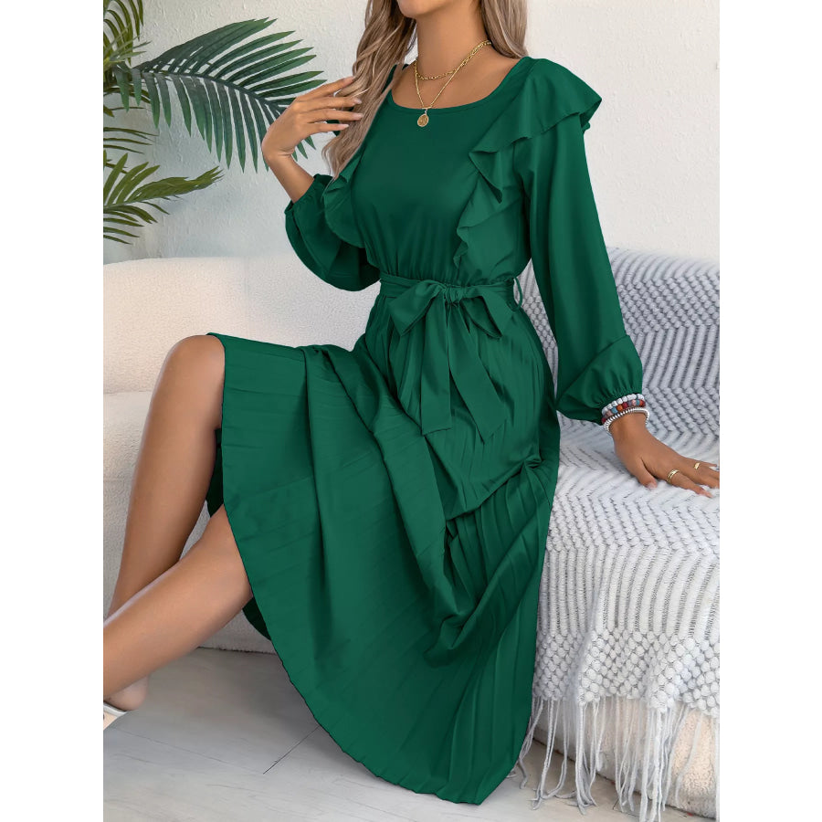 Ruffled Pleated Midi Dress with Waist Tie Apparel and Accessories
