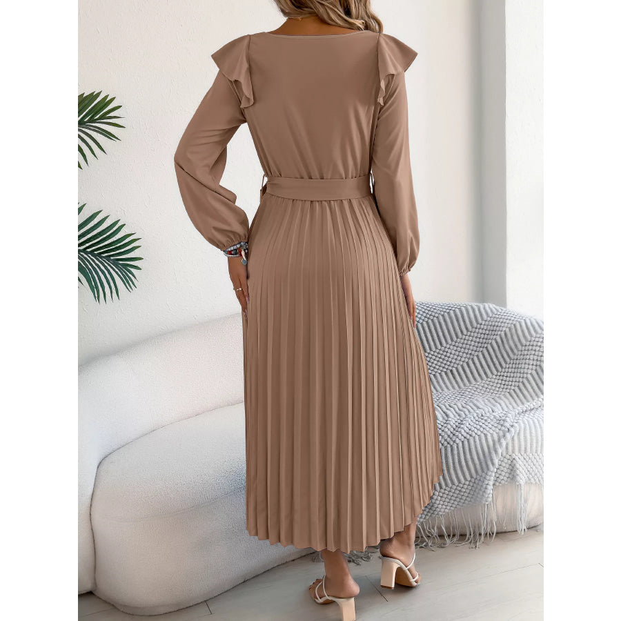 Ruffled Pleated Midi Dress with Waist Tie Apparel and Accessories