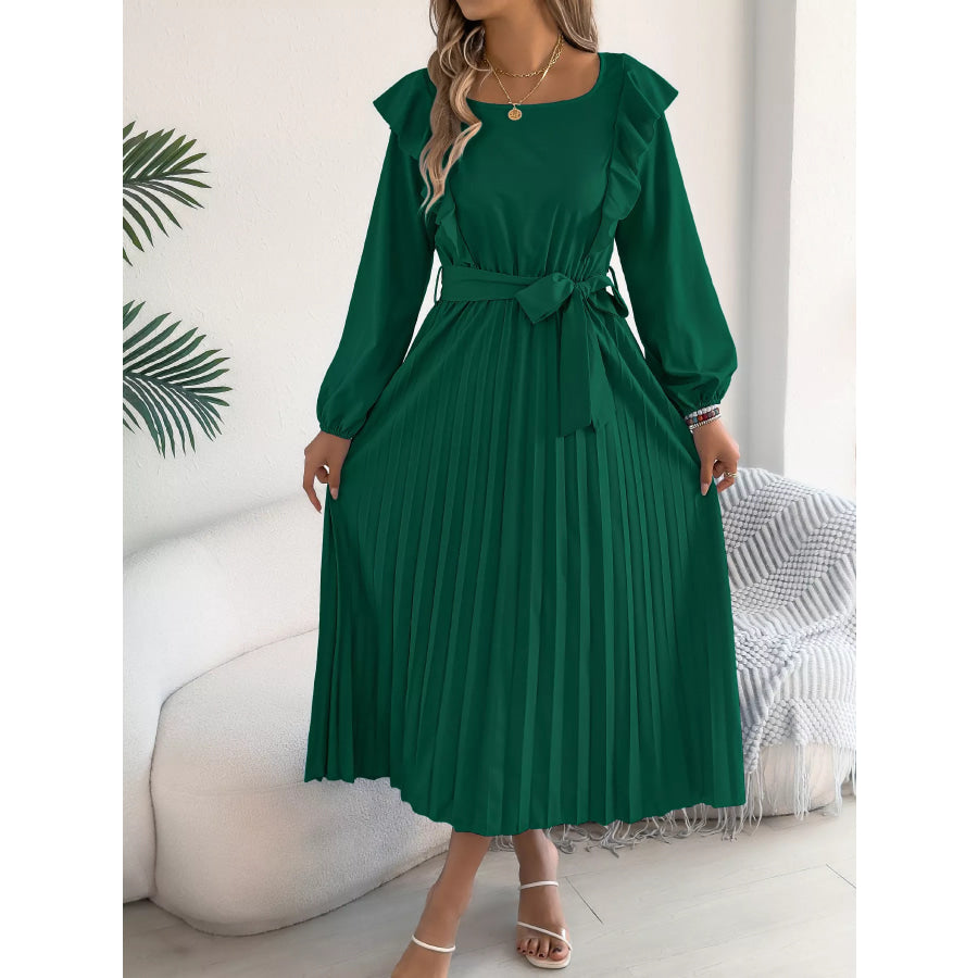 Ruffled Pleated Midi Dress with Waist Tie Apparel and Accessories