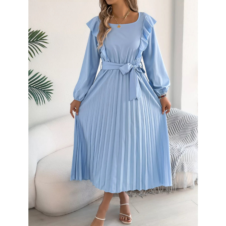Ruffled Pleated Midi Dress with Waist Tie Apparel and Accessories