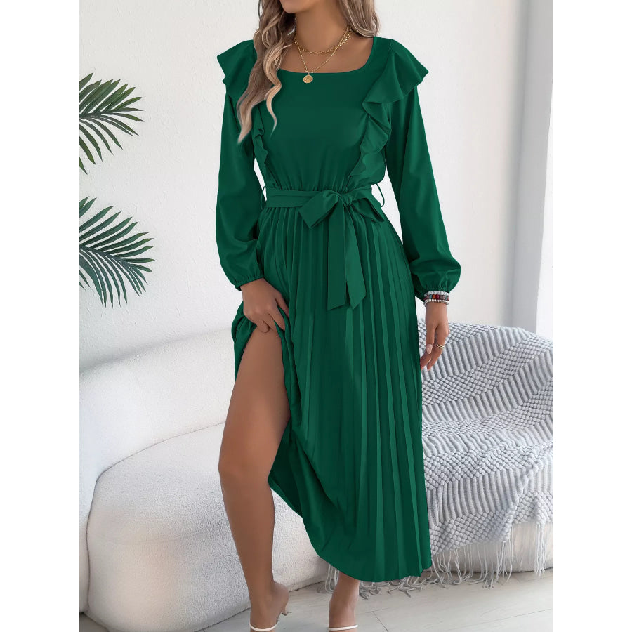 Ruffled Pleated Midi Dress with Waist Tie Black Forest / S Apparel and Accessories