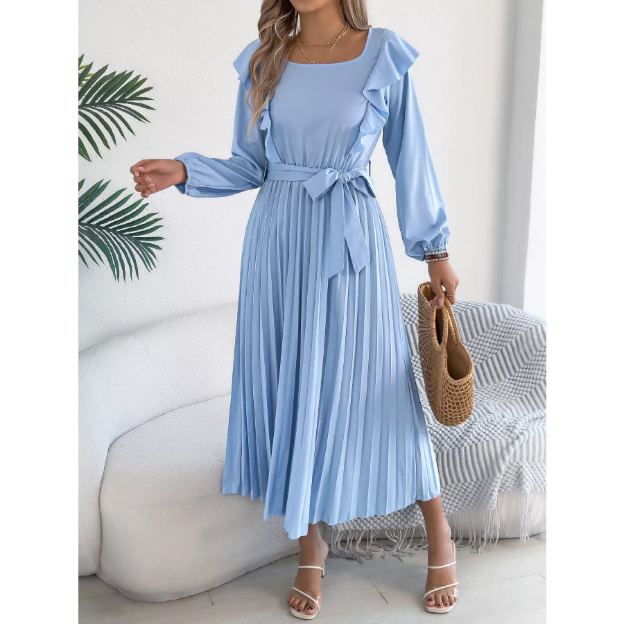 Ruffled Pleated Midi Dress with Waist Tie Light Blue / S Apparel and Accessories