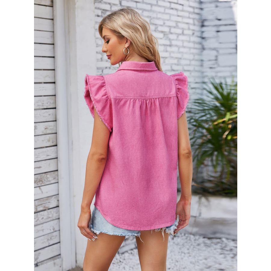 Ruffled Pocketed Collared Neck Cap Sleeve Denim Top Apparel and Accessories