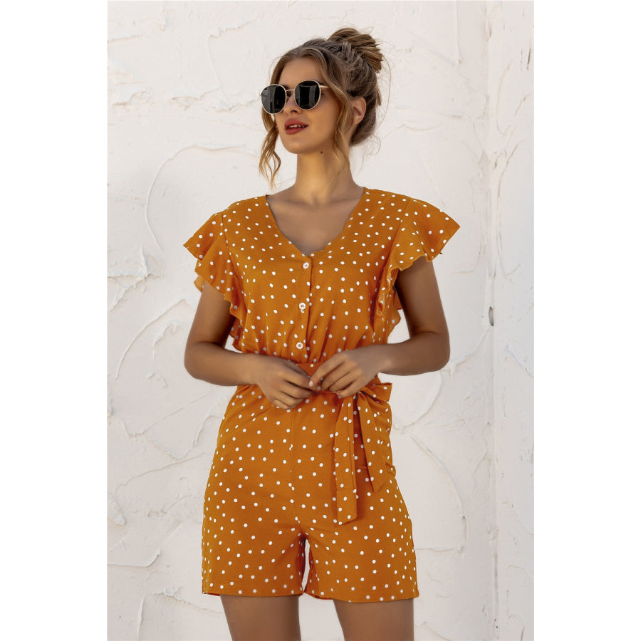 Ruffled Polka Dot Half Button Romper Apparel and Accessories