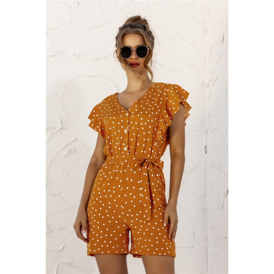 Ruffled Polka Dot Half Button Romper Apparel and Accessories