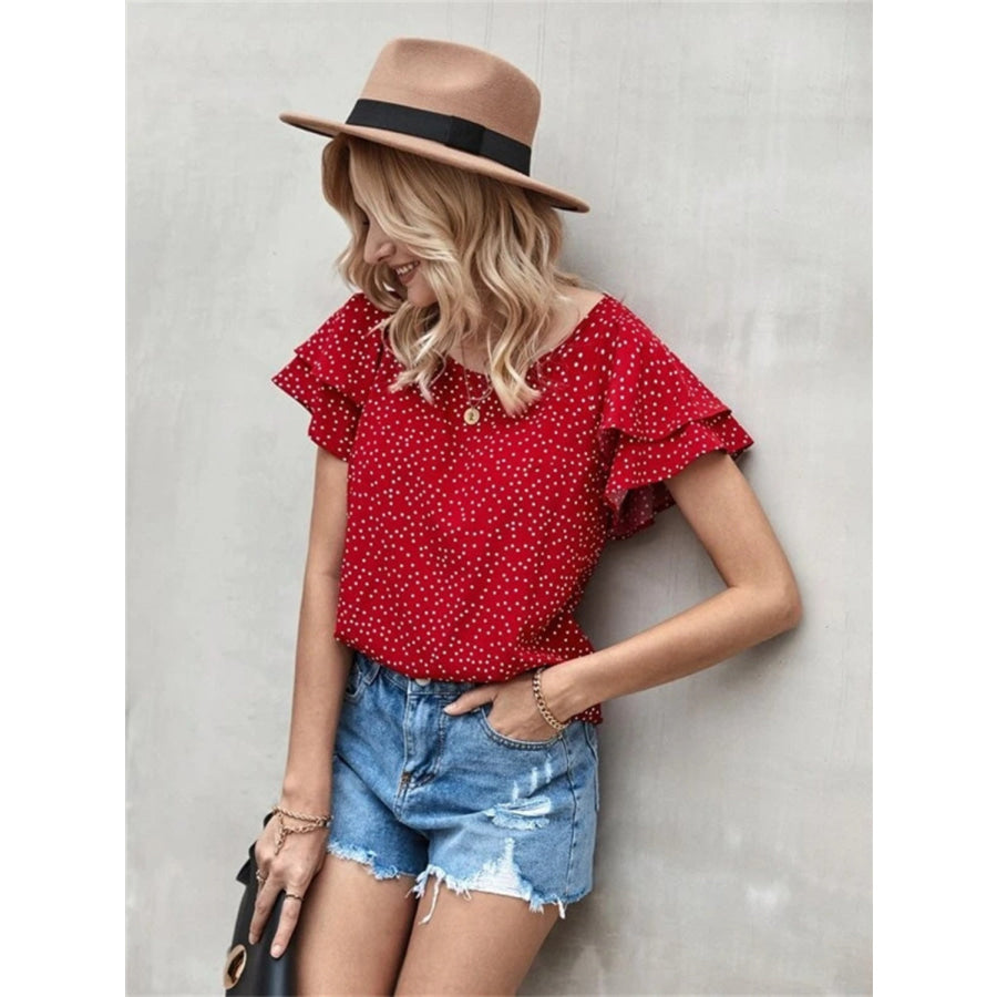 Ruffled Polka Dot Round Neck Short Sleeve Blouse Apparel and Accessories