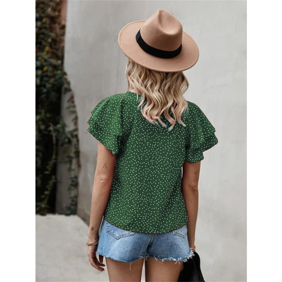 Ruffled Polka Dot Round Neck Short Sleeve Blouse Apparel and Accessories