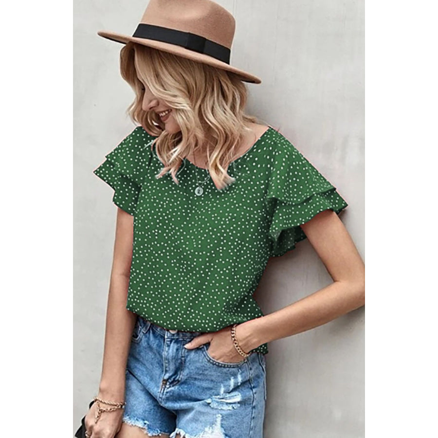 Ruffled Polka Dot Round Neck Short Sleeve Blouse Apparel and Accessories