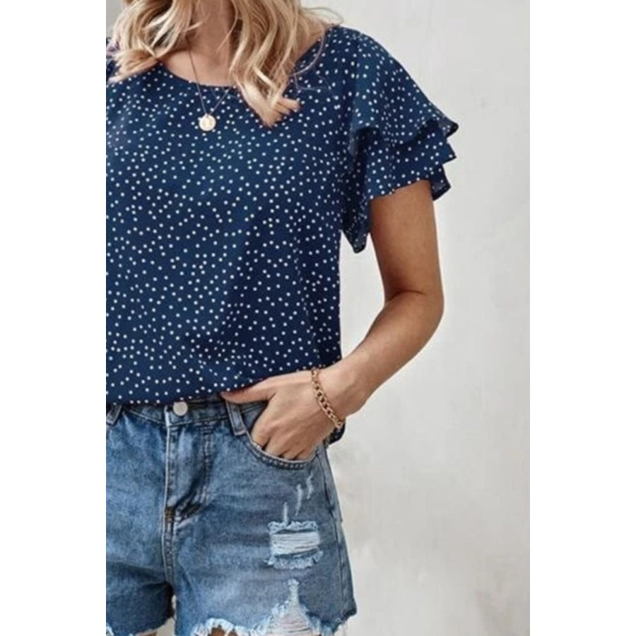 Ruffled Polka Dot Round Neck Short Sleeve Blouse Apparel and Accessories