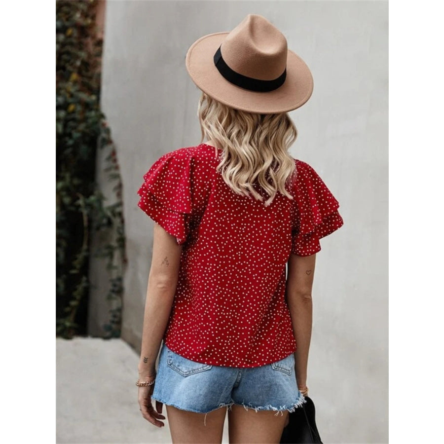 Ruffled Polka Dot Round Neck Short Sleeve Blouse Apparel and Accessories