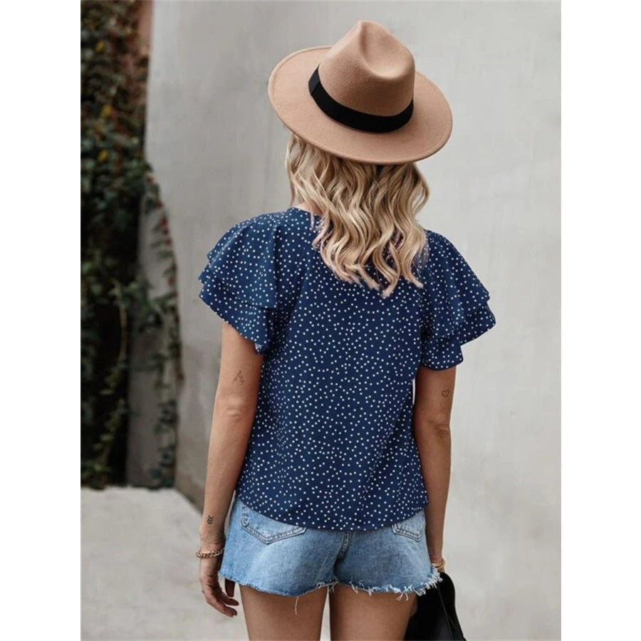 Ruffled Polka Dot Round Neck Short Sleeve Blouse Apparel and Accessories